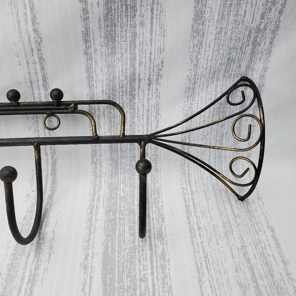 DecorativeIron Trumpet Shape Wall Hook Black w/hints of gold. 21" long - Picture 4 of 9